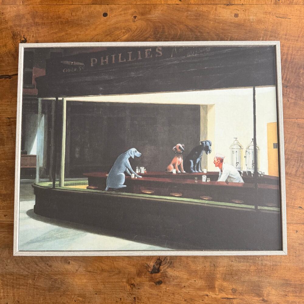 FRAMED Art of Edward Hopper's "NightHawks" with Dogs 20x16x2